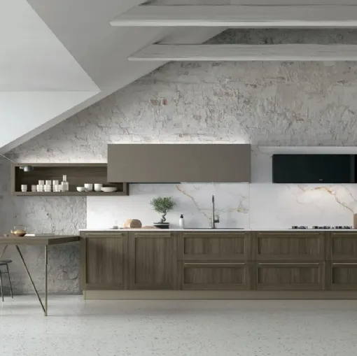 Cucina Moderna ad angolo con penisola City v02 in Termo Strutturato Rovere Liquirizia e Pet Caffè di Stosa