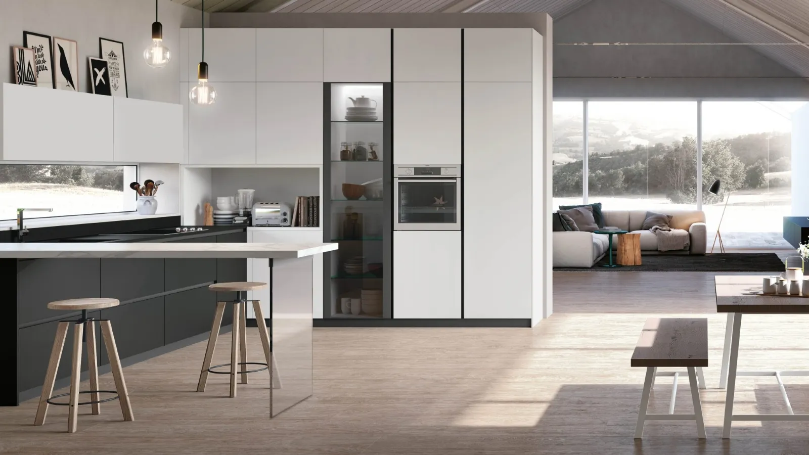 Cucina Moderna ad angolo in Pet Nero e Bianco opaco, top in Fenix Nero e top penisola in laminato Calacatta Metropolis v07 di Stosa