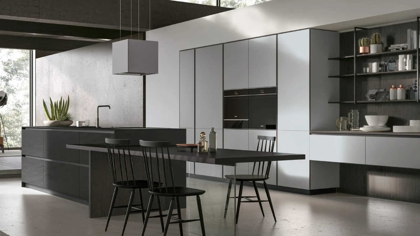 Cucina Moderna con isola Aliant v07 in Neolith Basalt Black Satin e Vetro opaco Platino con Piano snack in Rovere Dark con gambone in vetro di Stosa